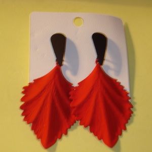 Hand Made Large Red Black Enamel Metal Leaf Earrings  New!  SPKK
